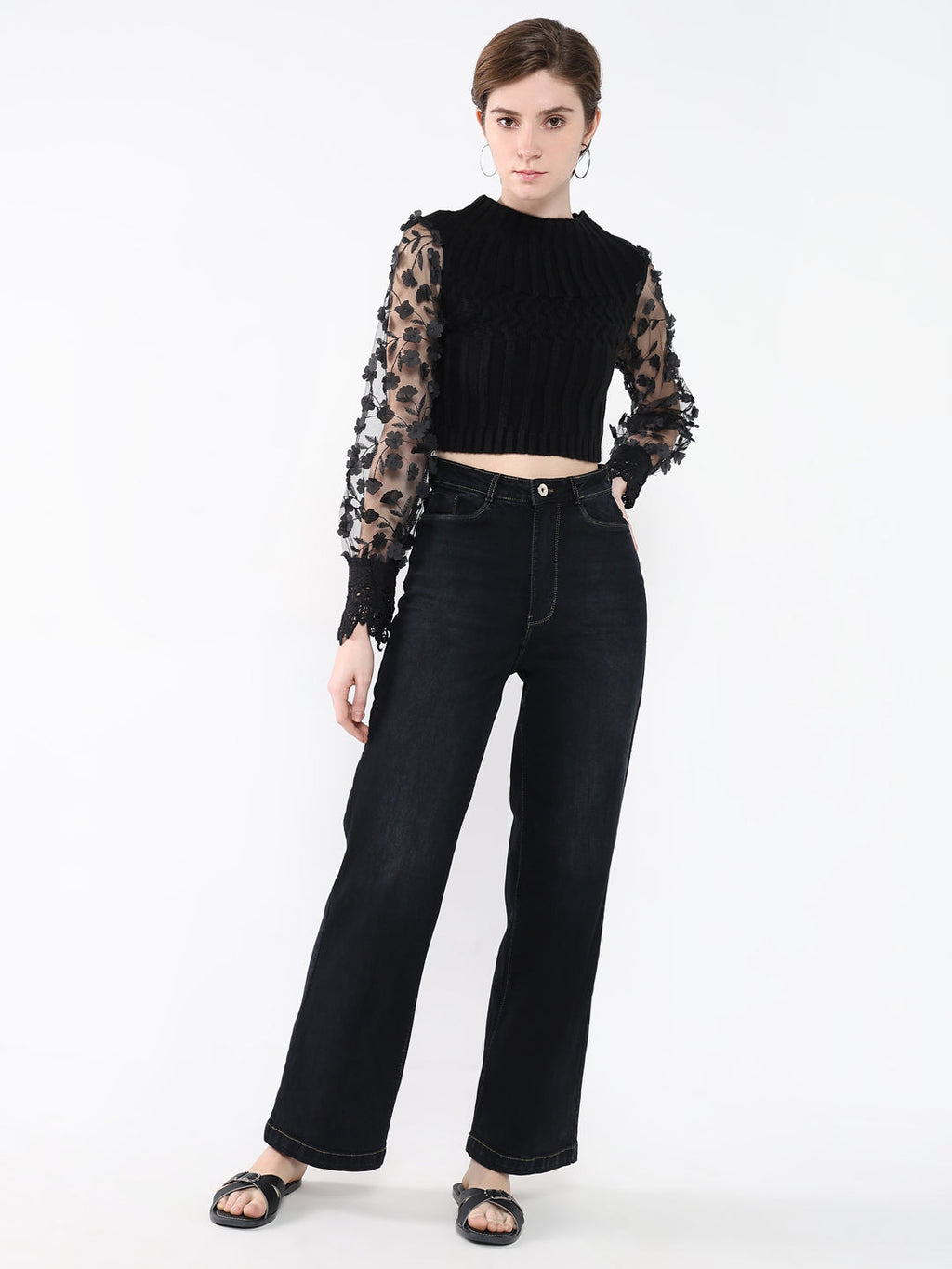 Women's Black Self Design Round Neck Acrylic Top