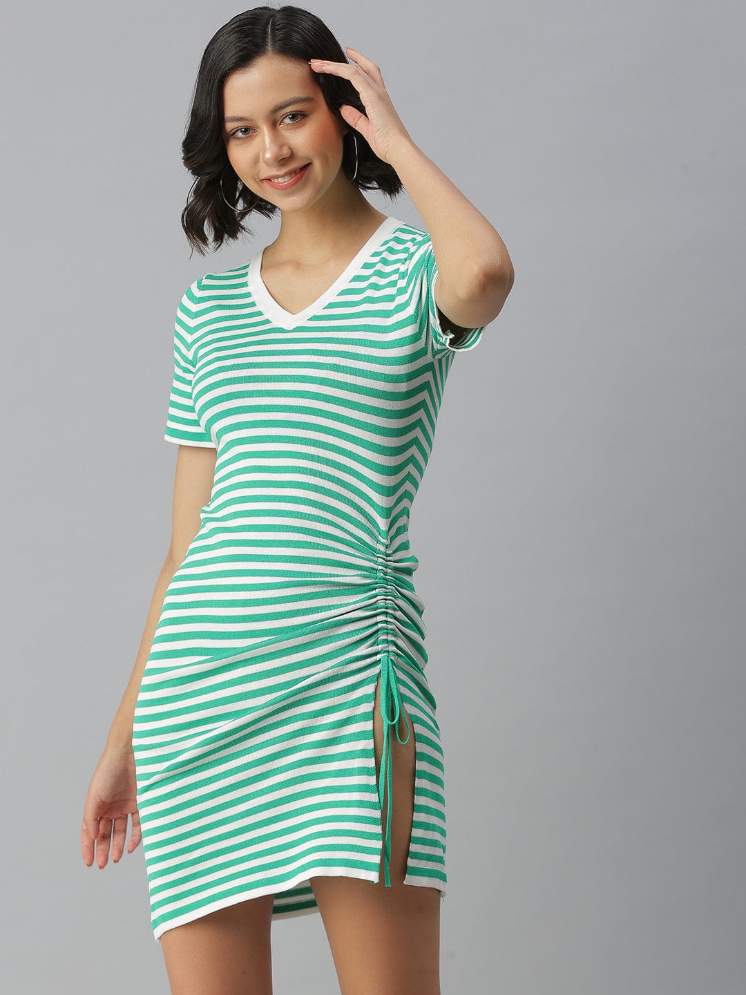 Women's V-Neck Striped Bodycon Green Dress