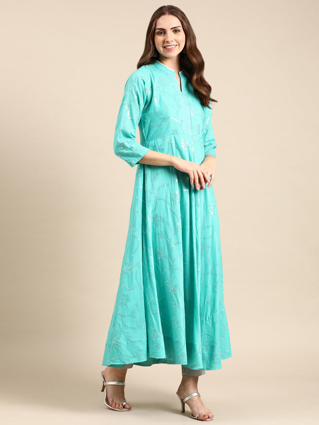 Women's Sea Green Embroidered Sequin Work Anarkali Kurta