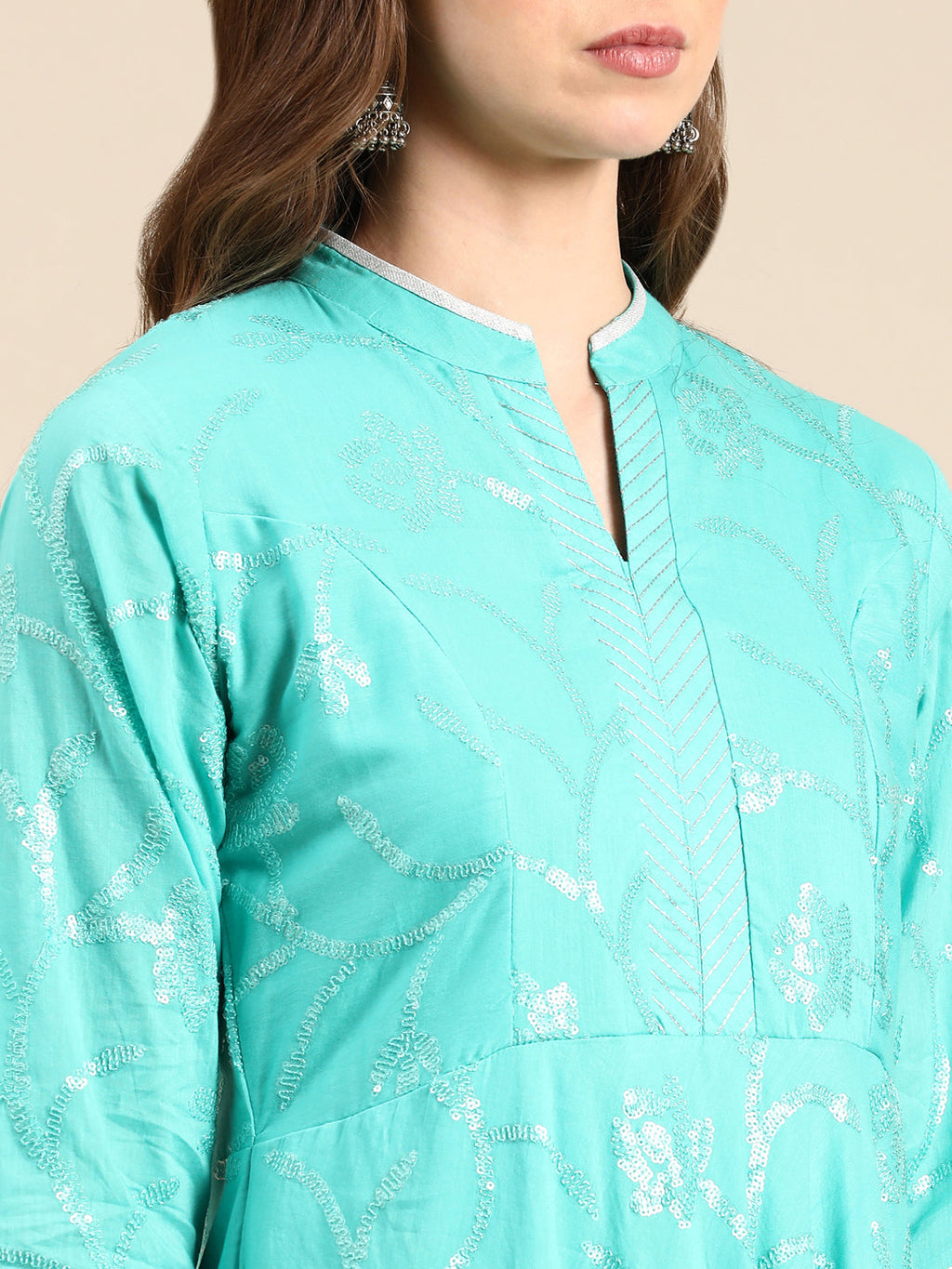 Women's Sea Green Embroidered Sequin Work Anarkali Kurta