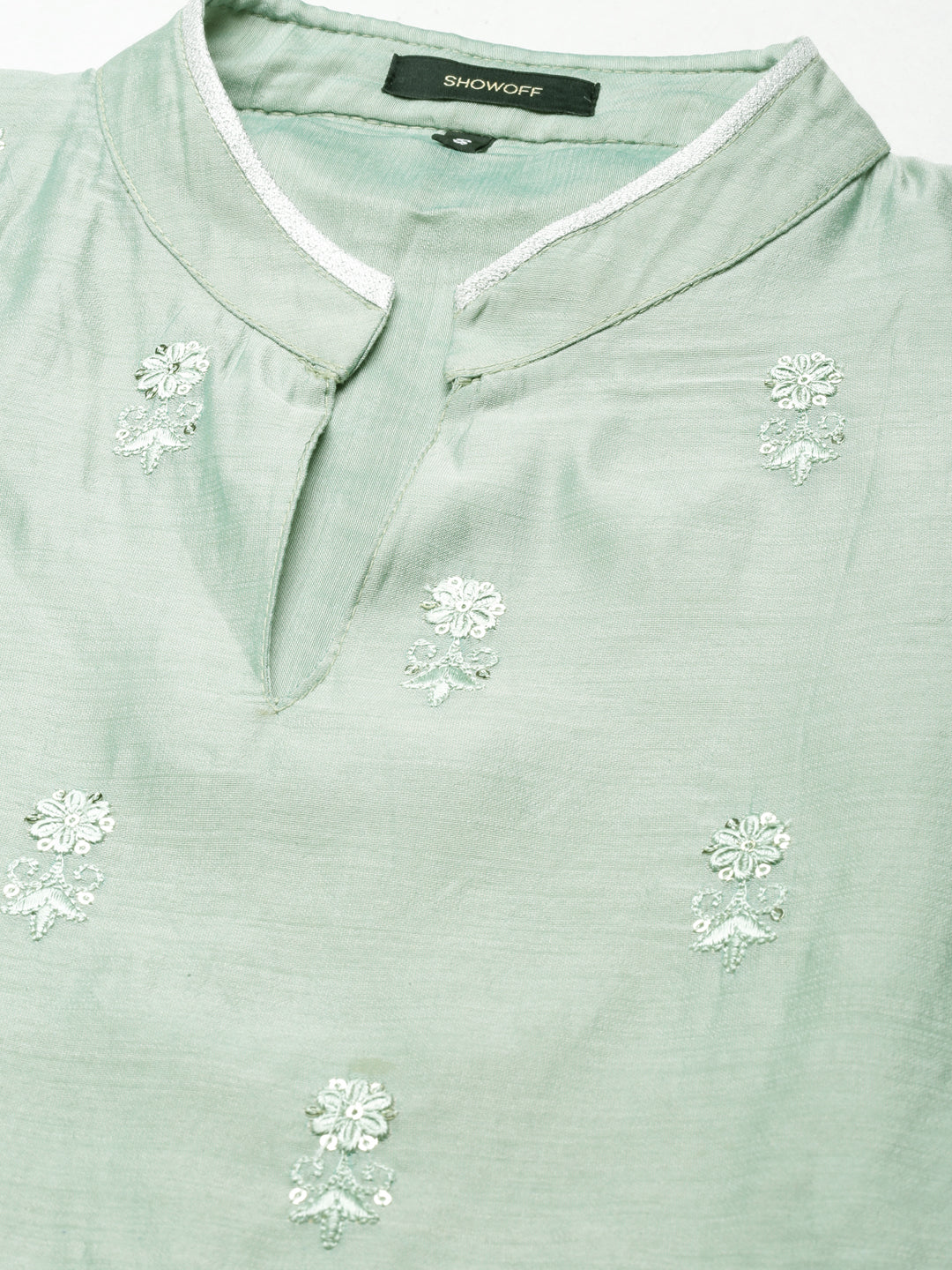 Women's Sea Green Floral Embroidered Mandarin Collar Cotton Silk Straight Kurta