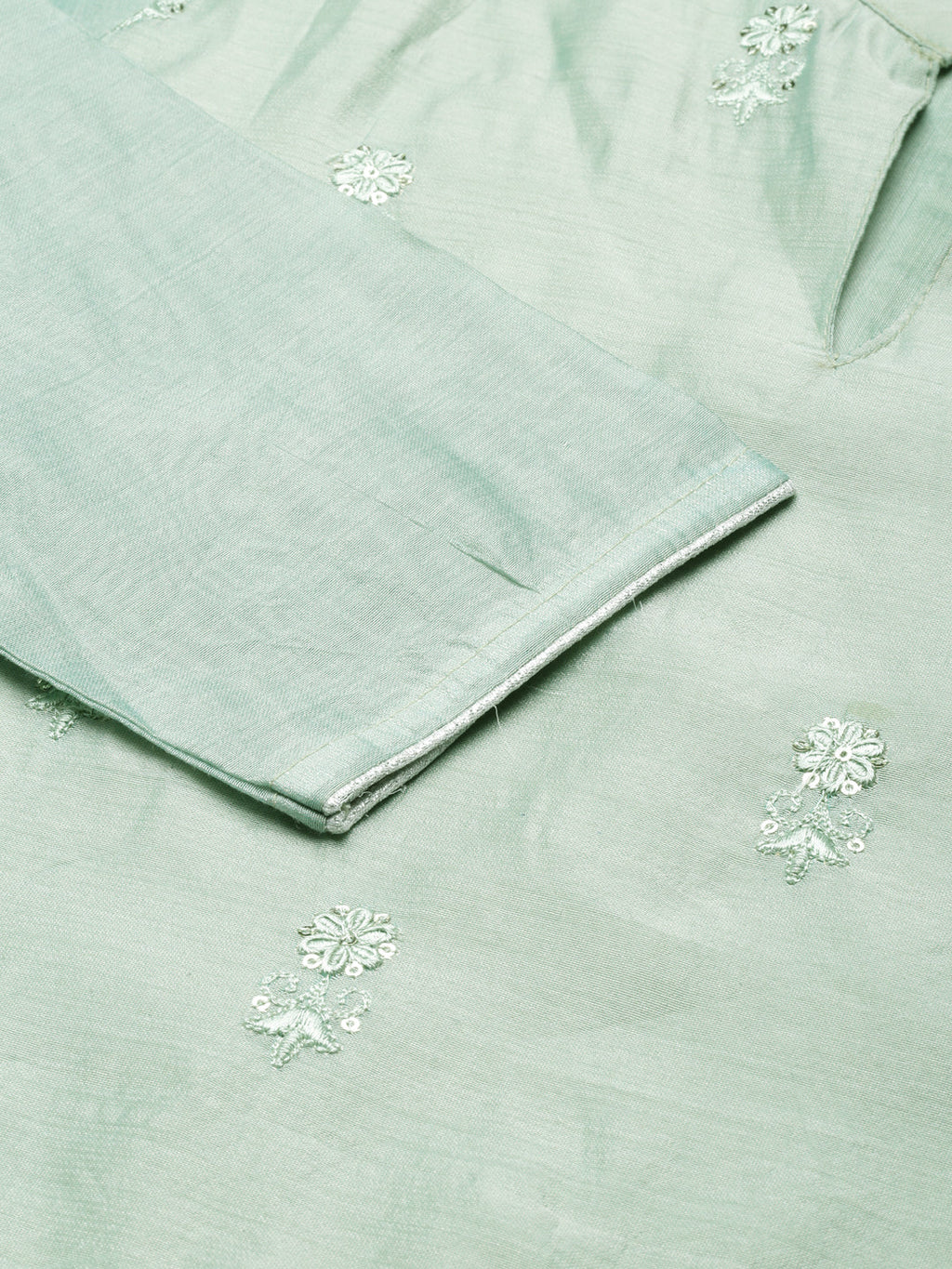 Women's Sea Green Floral Embroidered Mandarin Collar Cotton Silk Straight Kurta