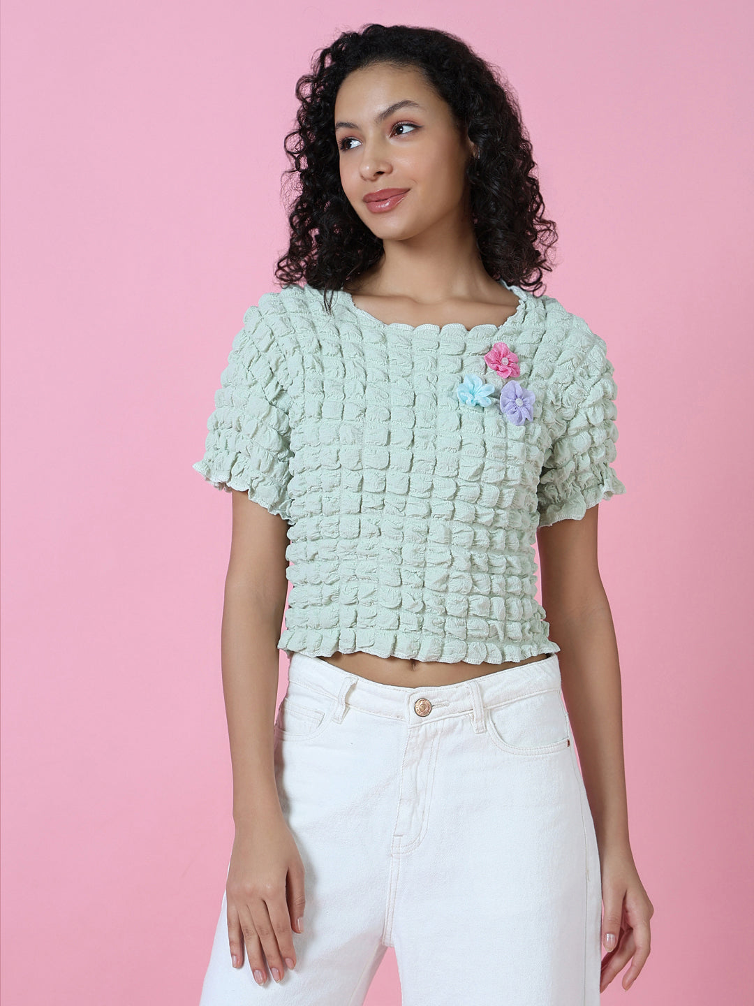 Women's Sea Green Self Design Round Neck Top