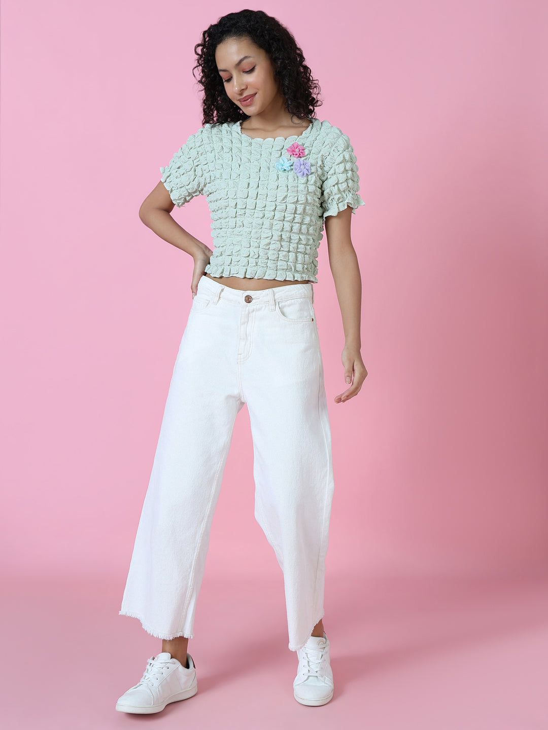 Women's Sea Green Self Design Round Neck Top