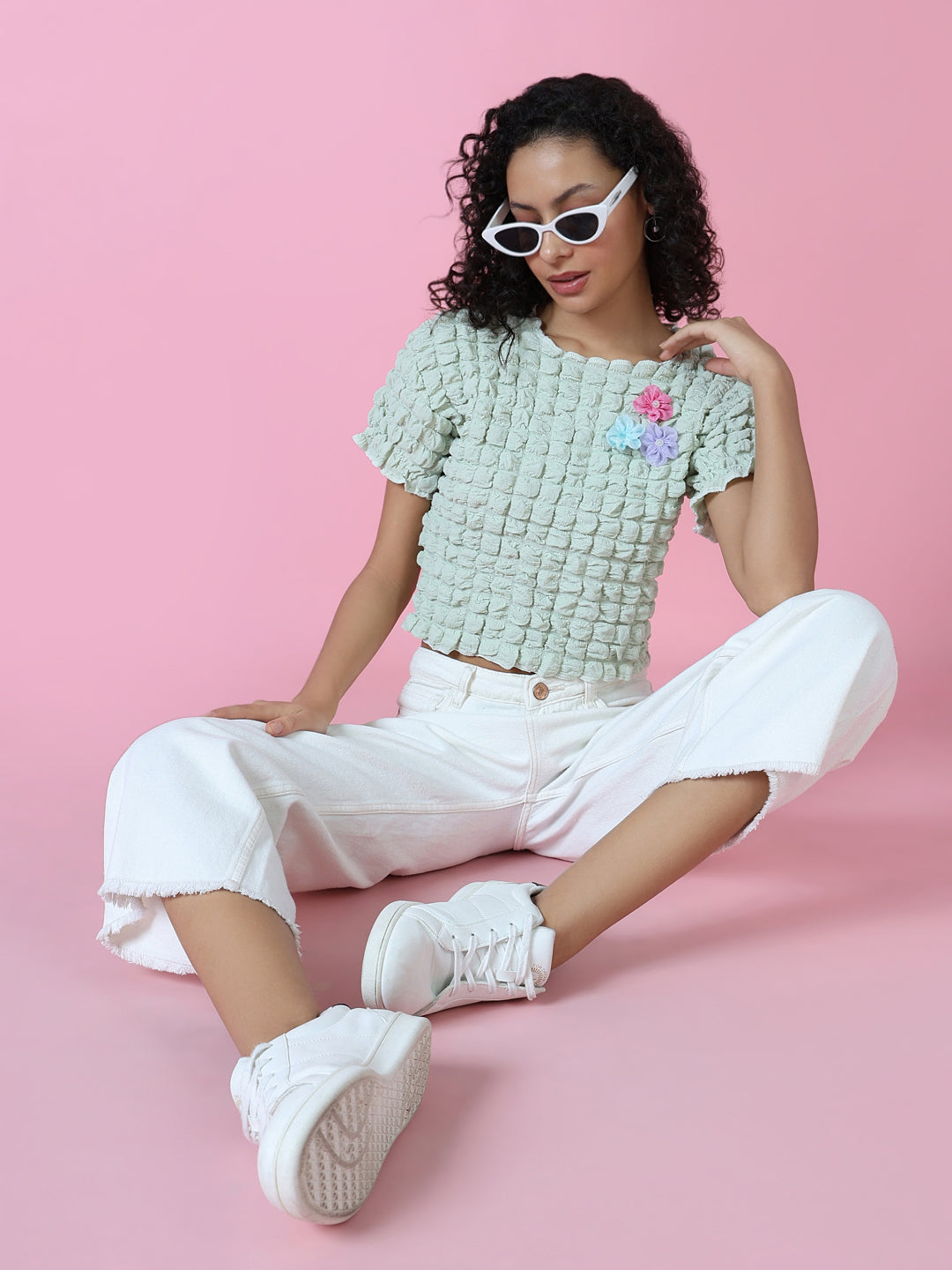 Women's Sea Green Self Design Round Neck Top