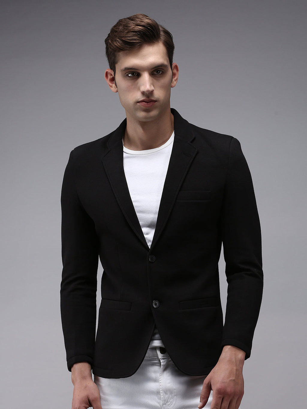 Men's Black Solid Single Breasted Casual Blazers