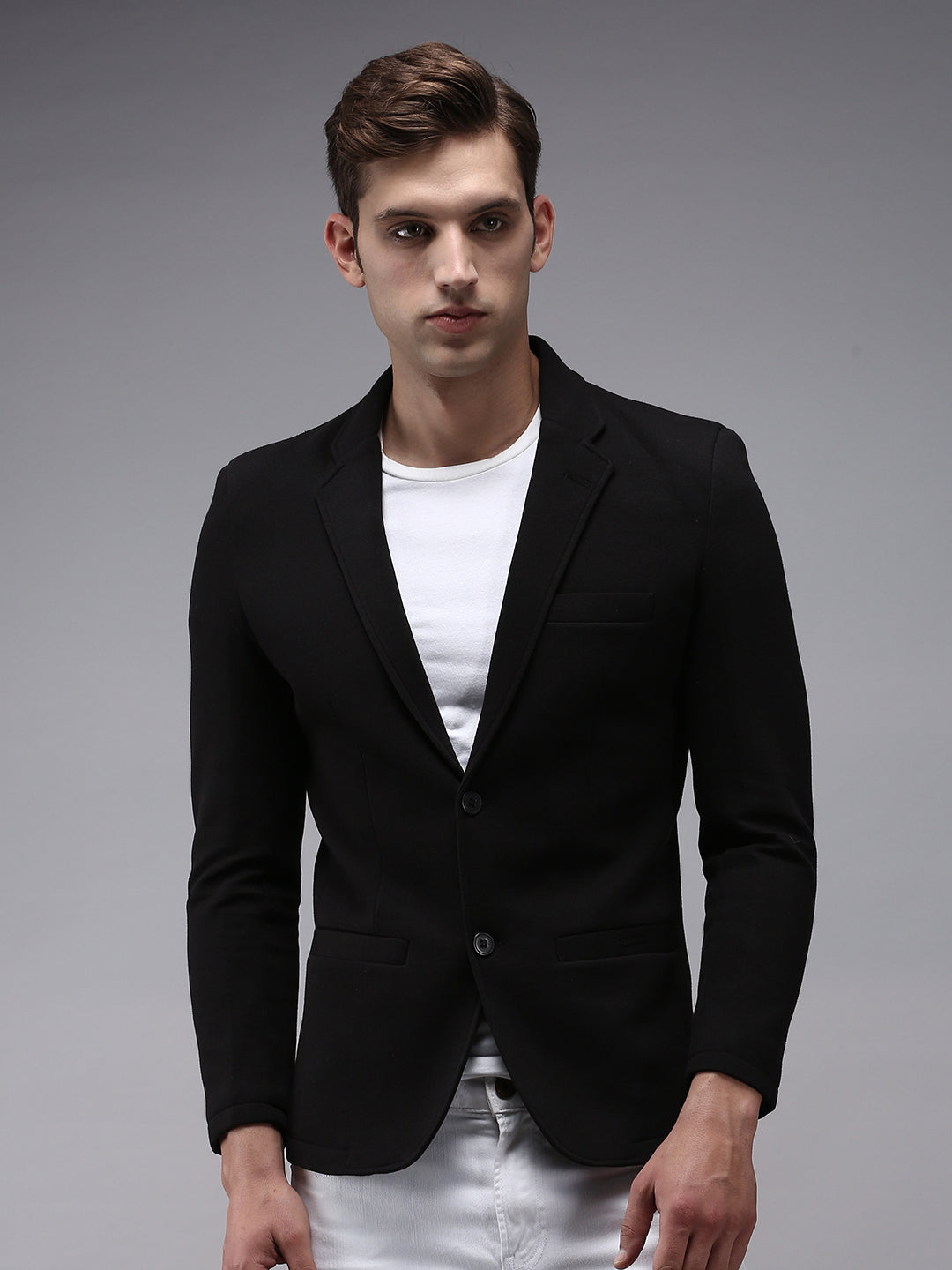 Men's Black Solid Single Breasted Casual Blazers