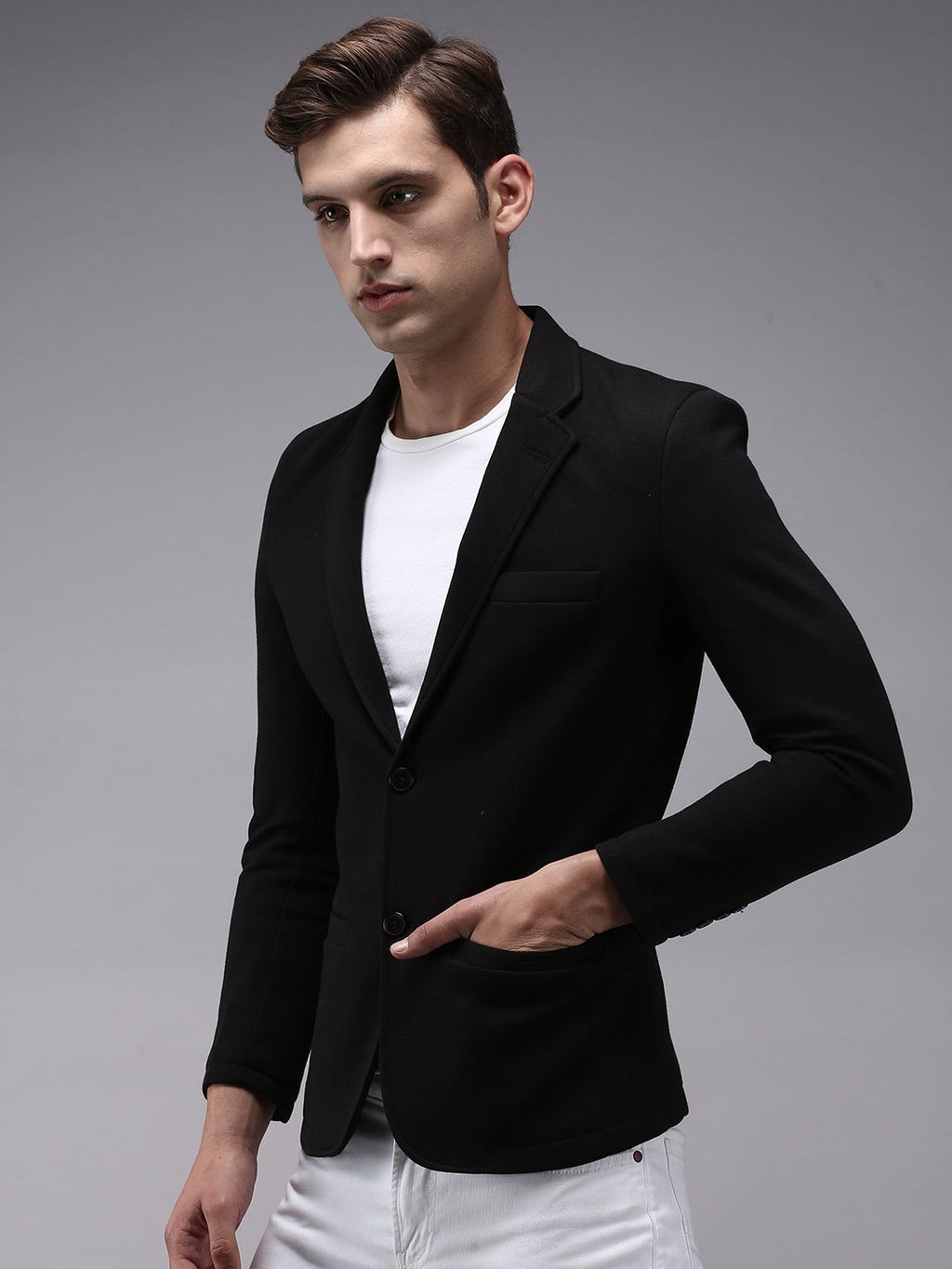 Men's Black Solid Single Breasted Casual Blazers