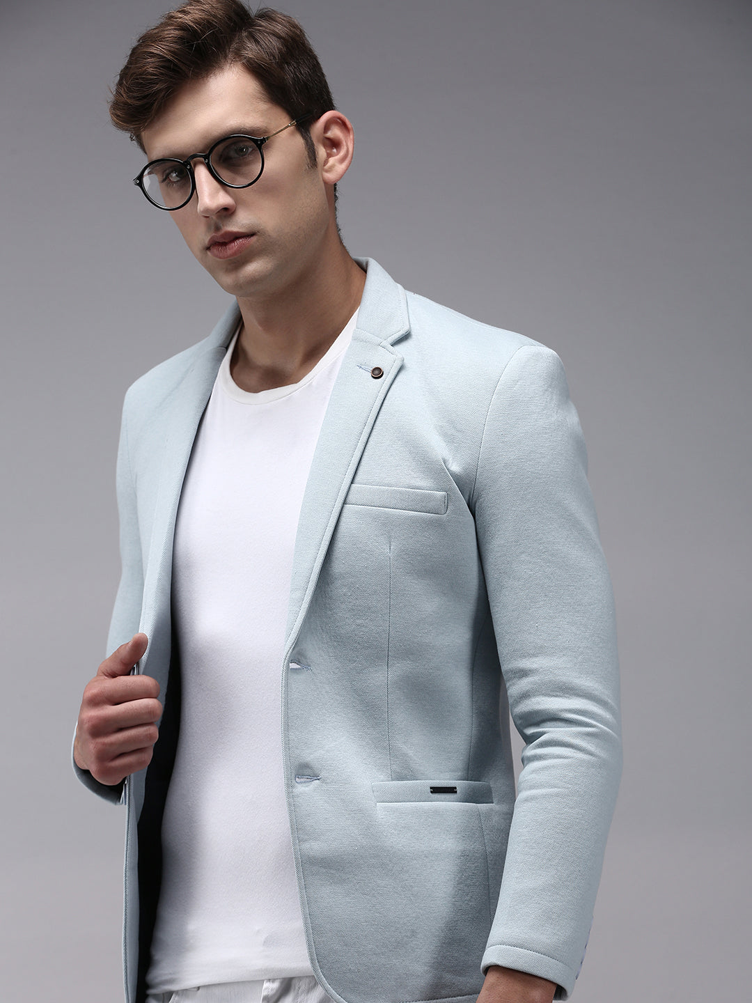 Men's Blue Solid Single-Breasted Regular-Fit Blazer