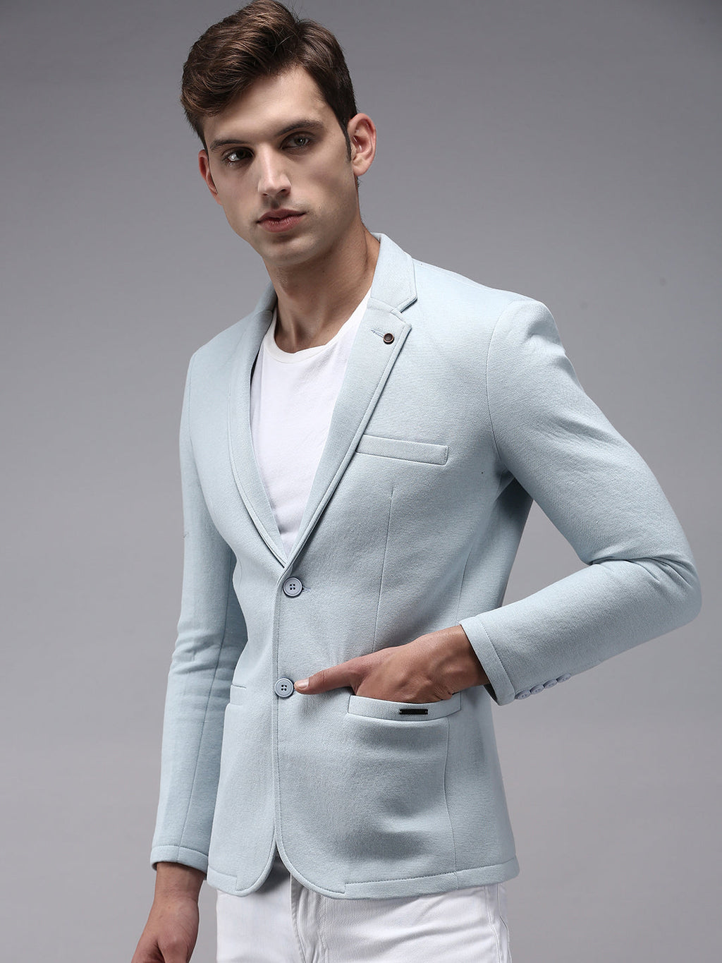 Men's Blue Solid Single-Breasted Regular-Fit Blazer