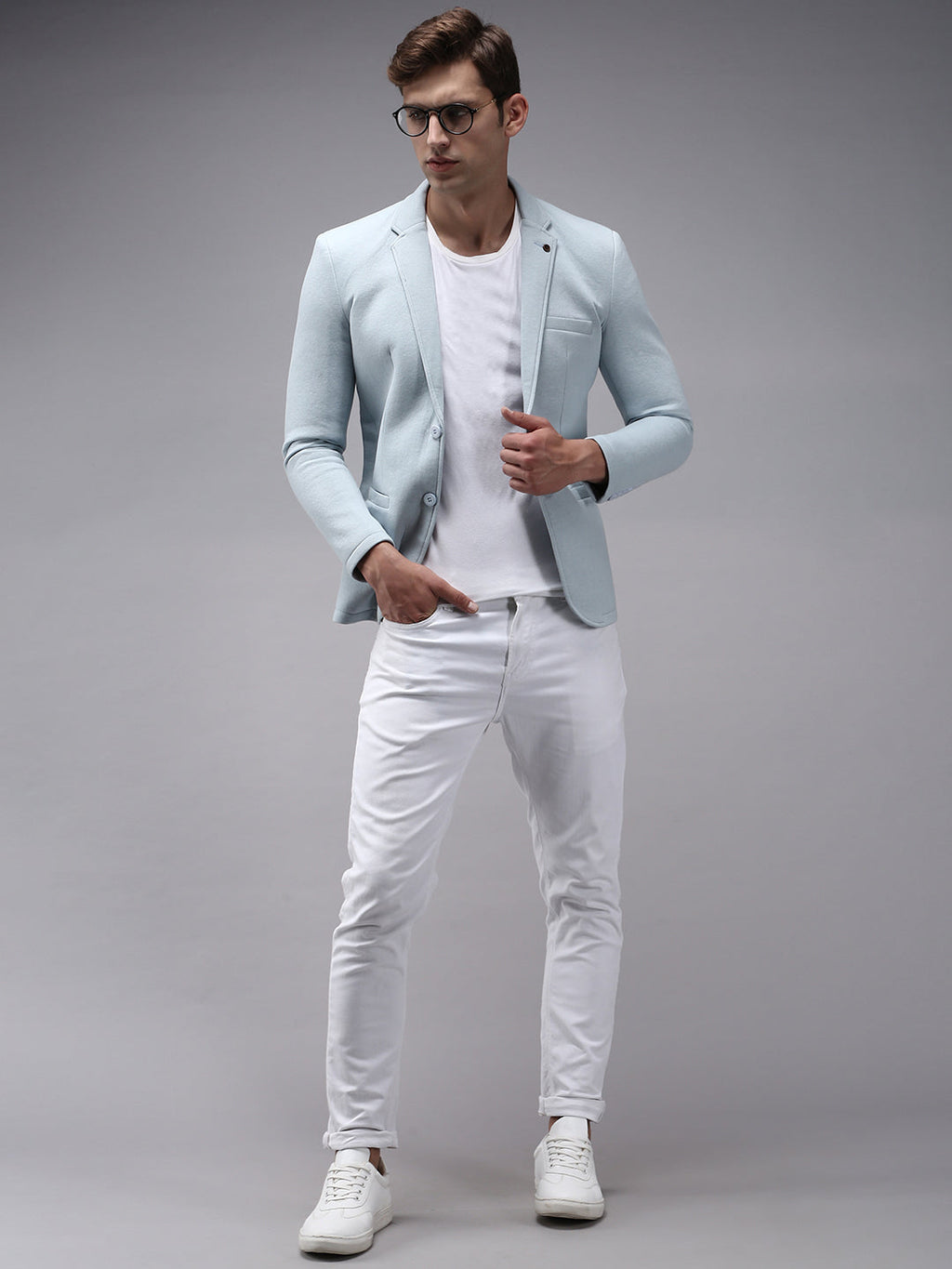 Men's Blue Solid Single-Breasted Regular-Fit Blazer