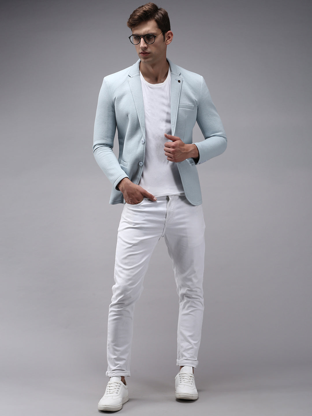 Men's Blue Solid Single-Breasted Regular-Fit Blazer