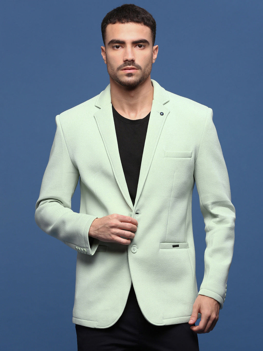 Men's Sea Green Notched Lapel Collar Cotton Slim Fit Single-Breasted Blazer
