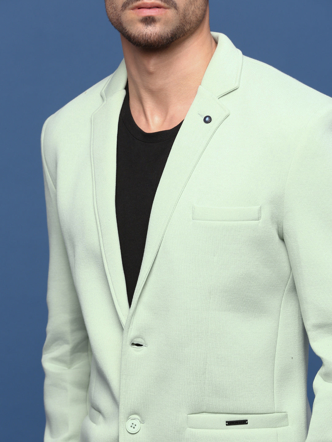 Men's Sea Green Notched Lapel Collar Cotton Slim Fit Single-Breasted Blazer