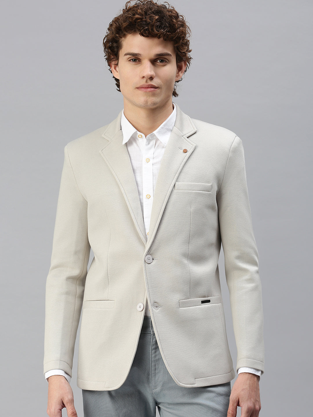 Men's Grey Solid Single-Breasted Slim-Fit Blazer