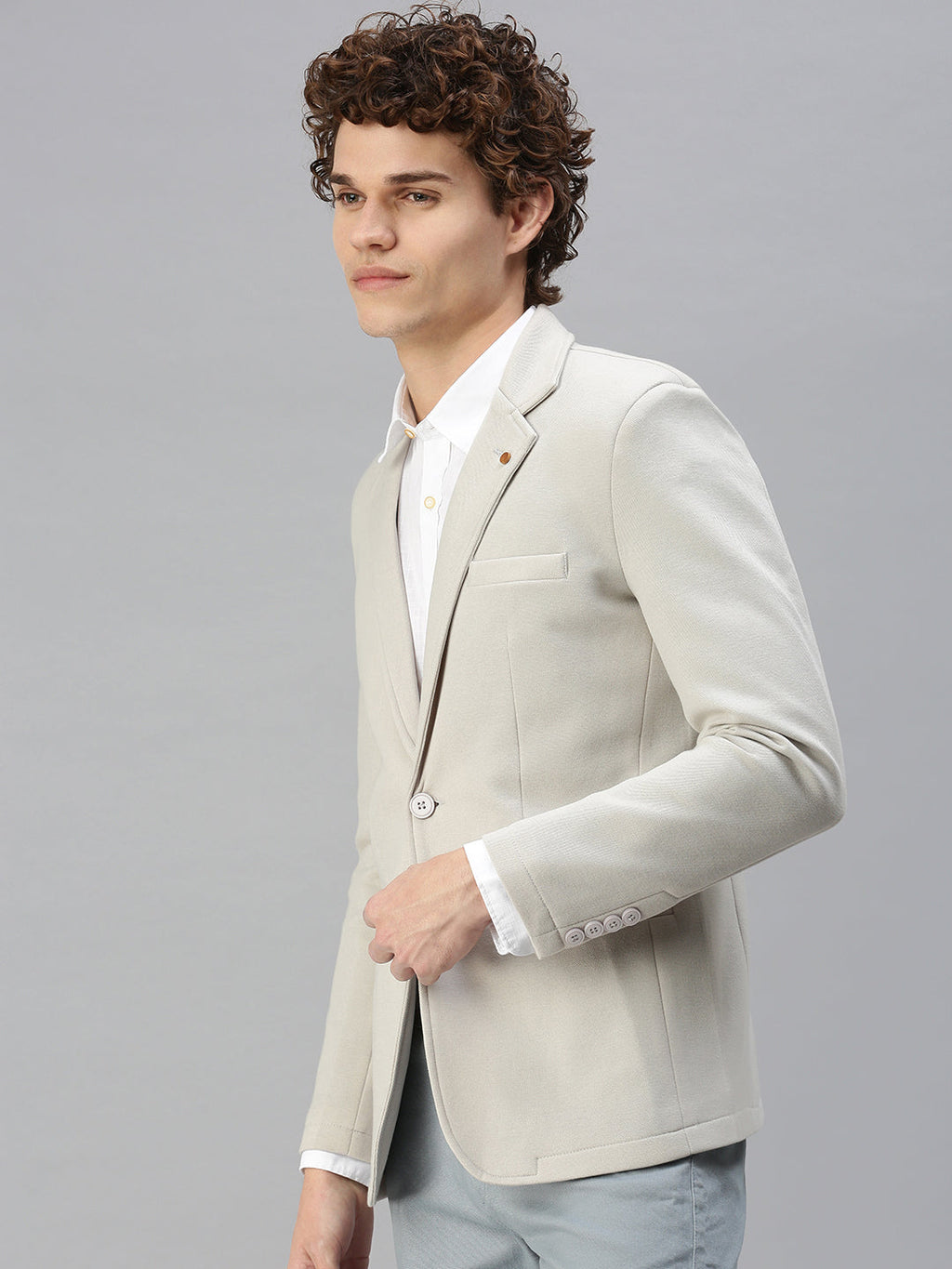 Men's Grey Solid Single-Breasted Slim-Fit Blazer