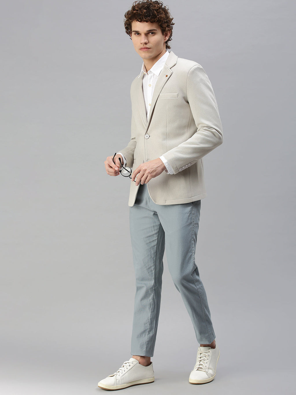 Men's Grey Solid Single-Breasted Slim-Fit Blazer