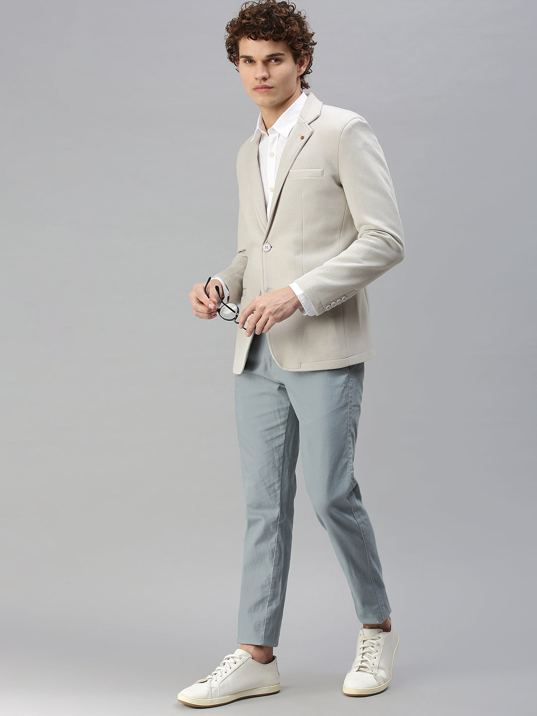 Men's Grey Solid Single-Breasted Slim-Fit Blazer