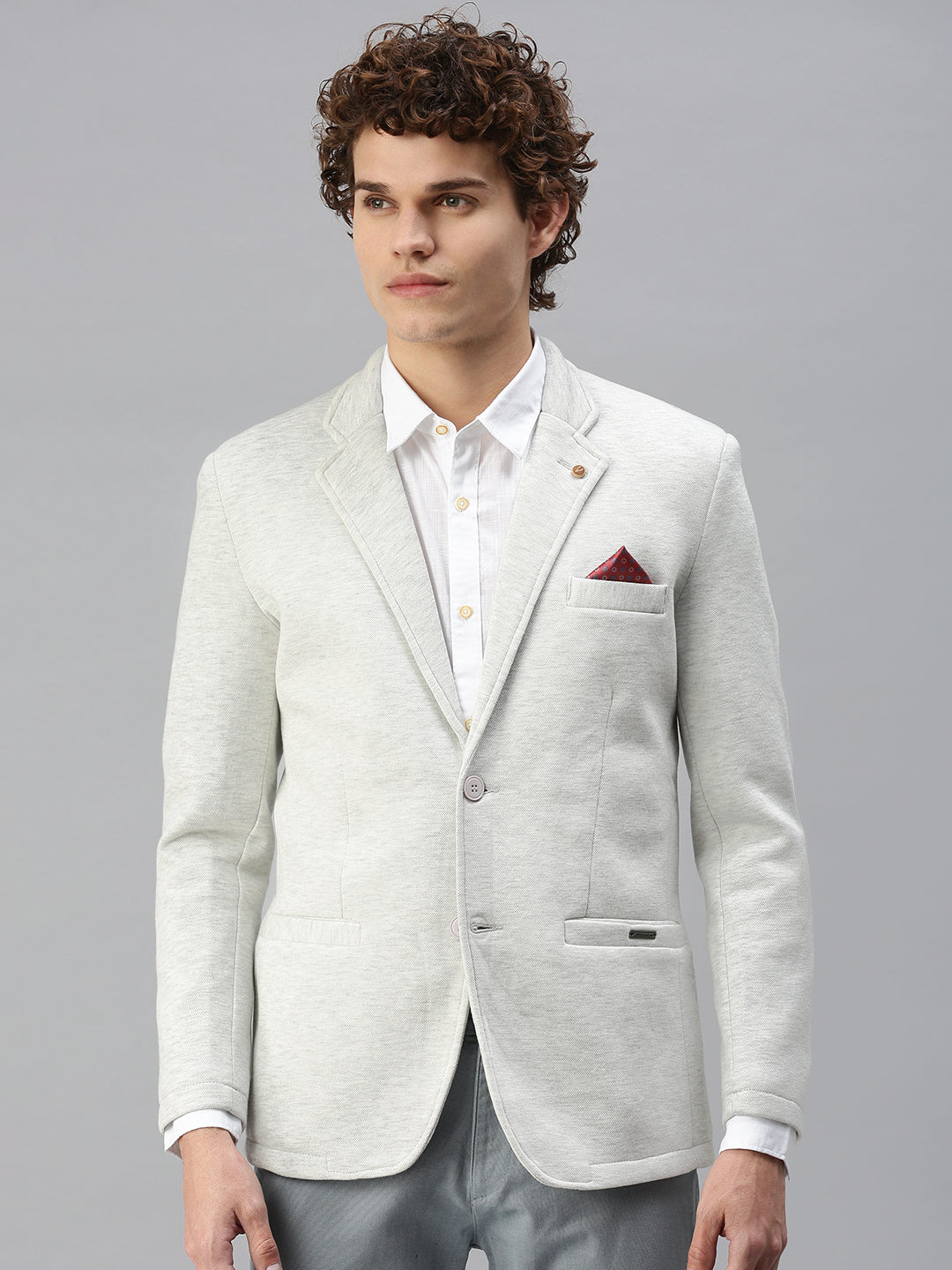 Men's Off White Solid Single-Breasted Slim-Fit Blazer