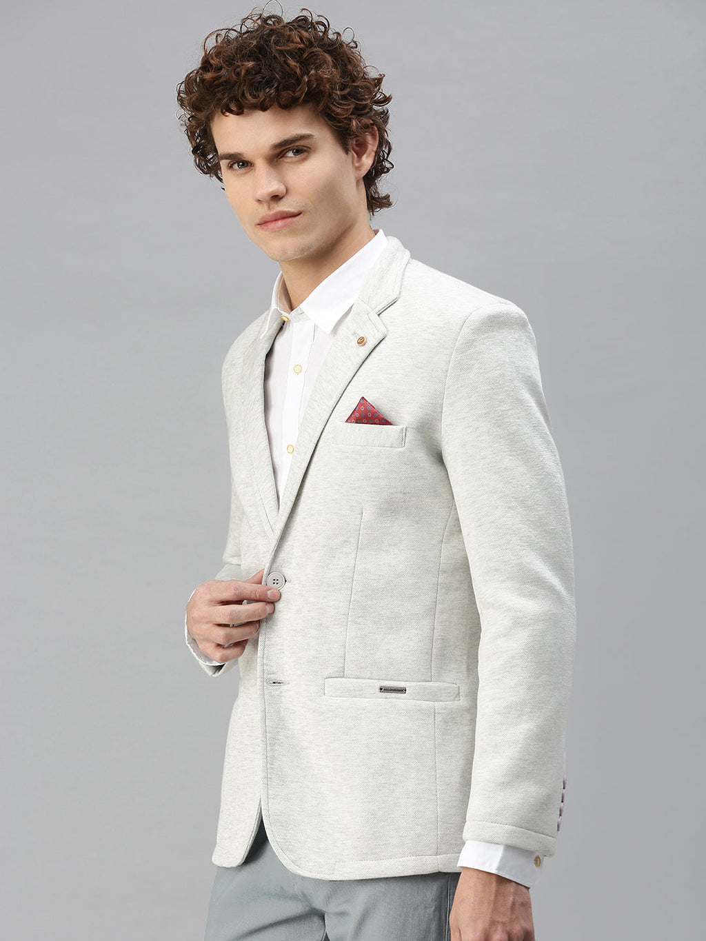 Men's Off White Solid Single-Breasted Slim-Fit Blazer