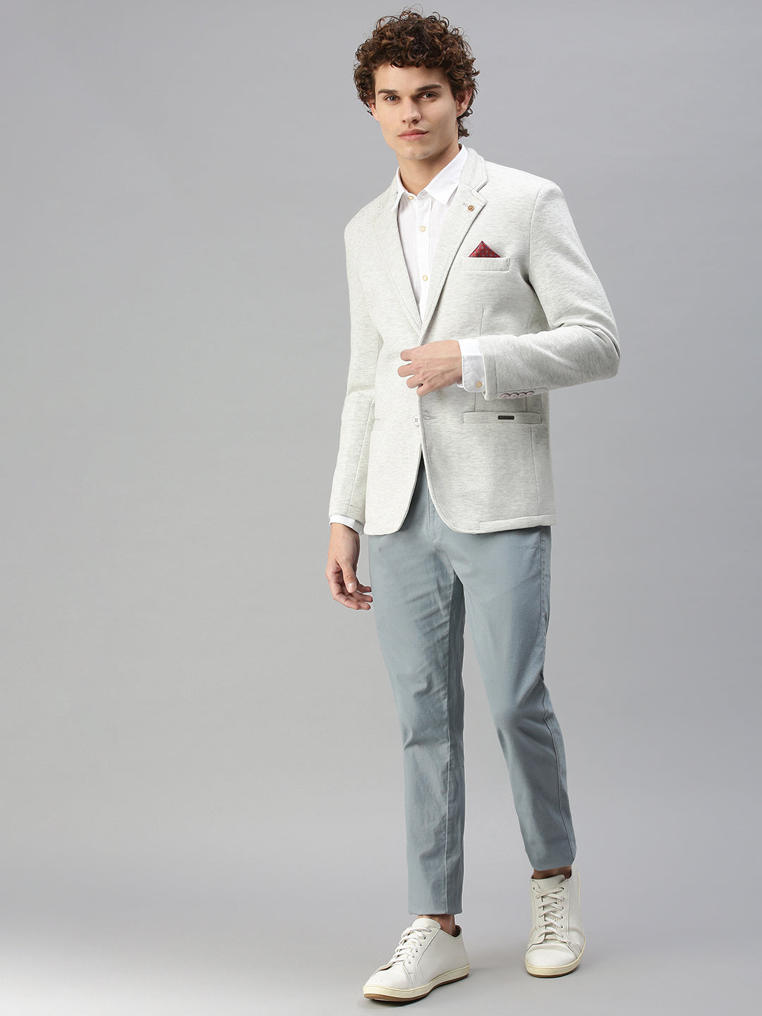 Men's Off White Solid Single-Breasted Slim-Fit Blazer