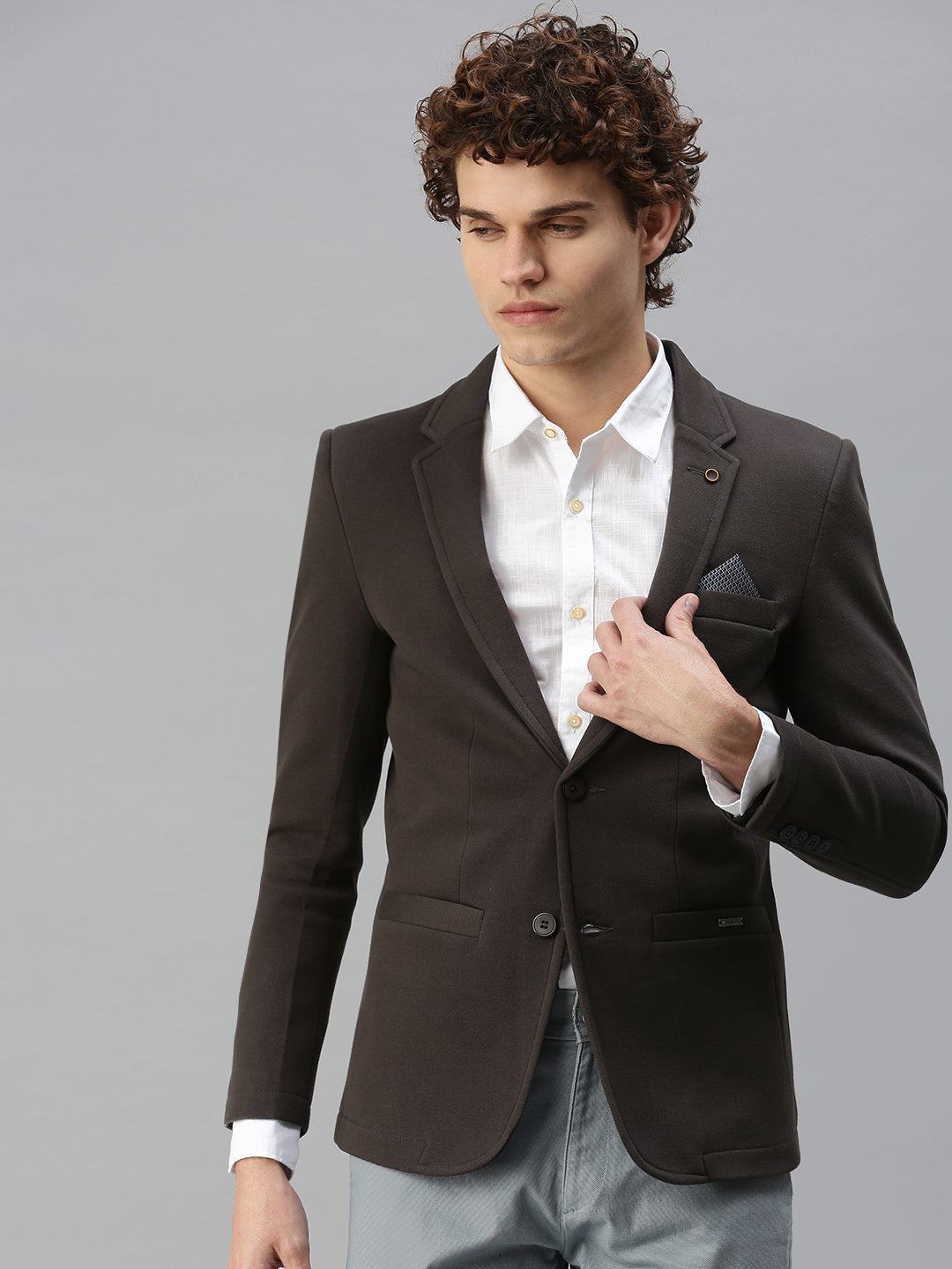 Men's Grey Solid Single-Breasted Slim-Fit Blazer