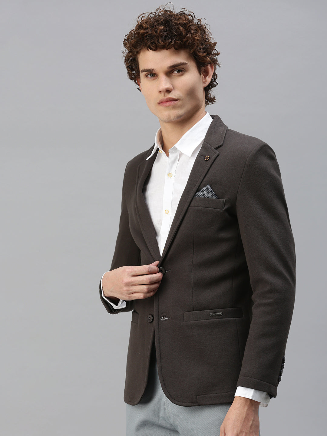 Men's Grey Solid Single-Breasted Slim-Fit Blazer