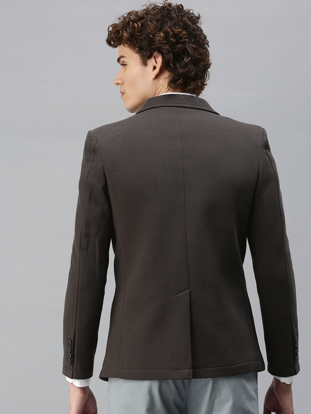 Men's Grey Solid Single-Breasted Slim-Fit Blazer