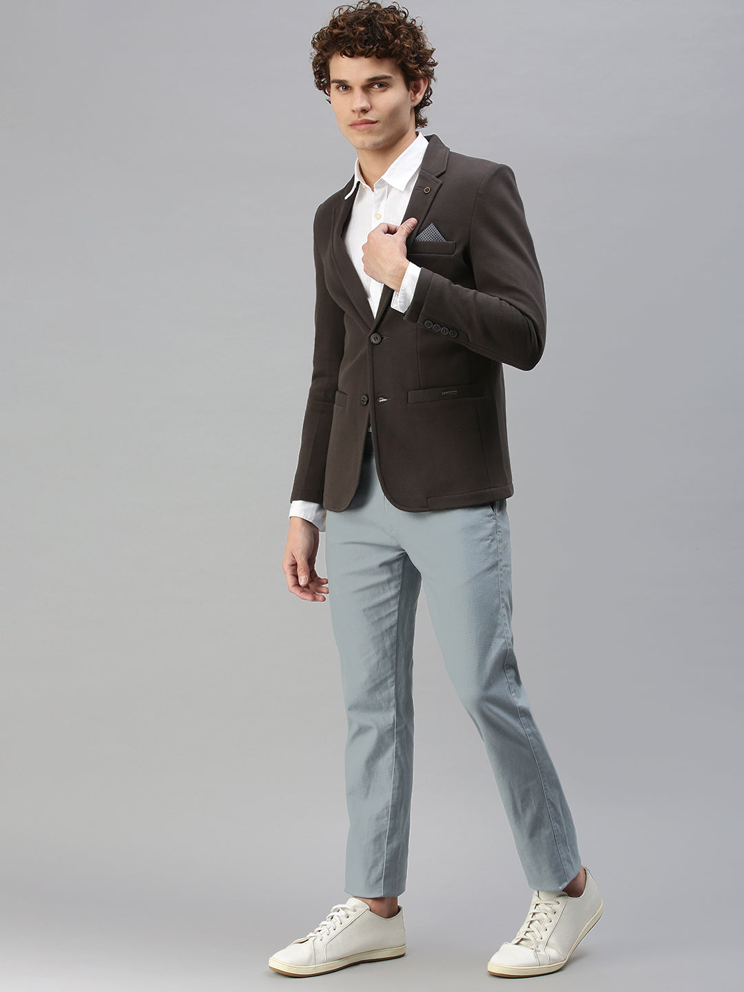 Men's Grey Solid Single-Breasted Slim-Fit Blazer