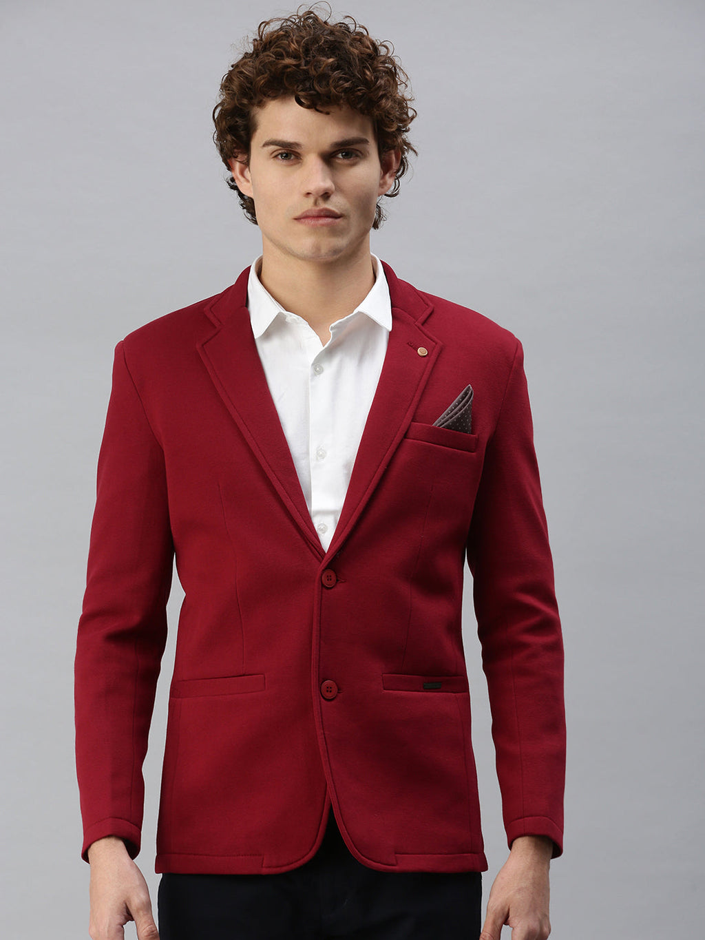 Men's Maroon Solid Single-Breasted Slim-Fit Blazer