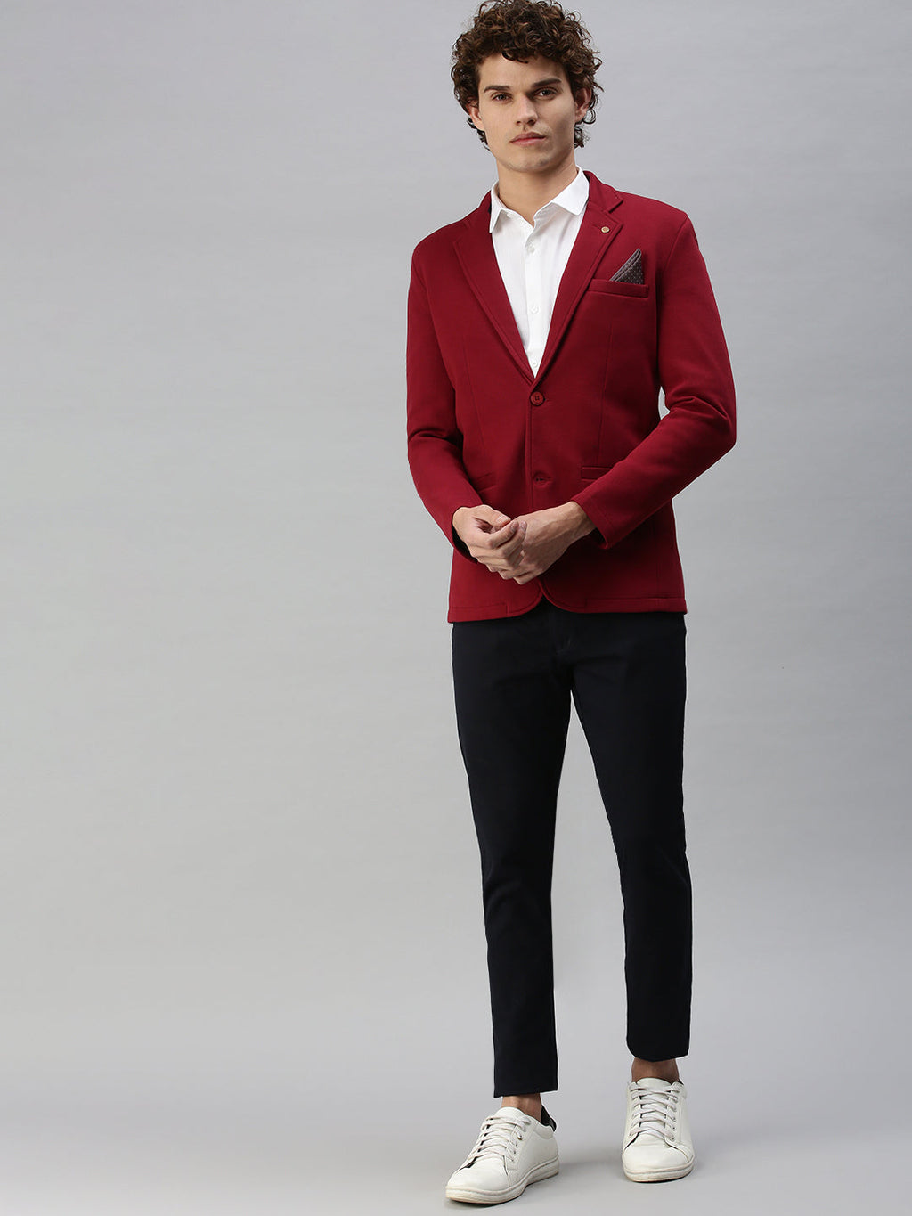Men's Maroon Solid Single-Breasted Slim-Fit Blazer