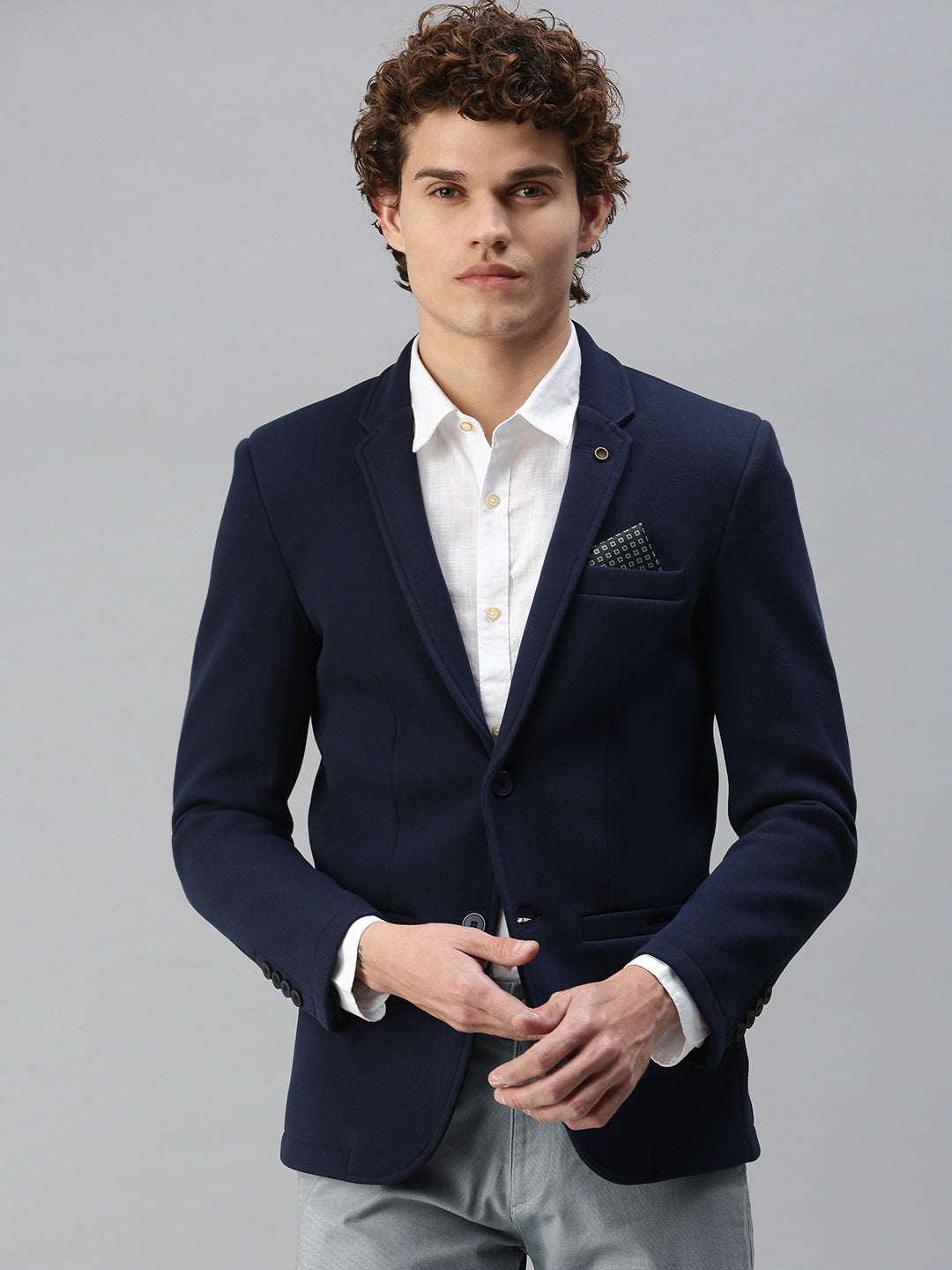 Men's Navy Blue Solid Single-Breasted Slim-Fit Blazer