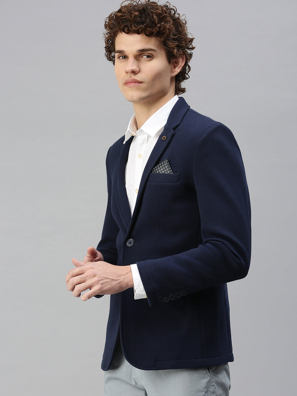 Men's Navy Blue Solid Single-Breasted Slim-Fit Blazer