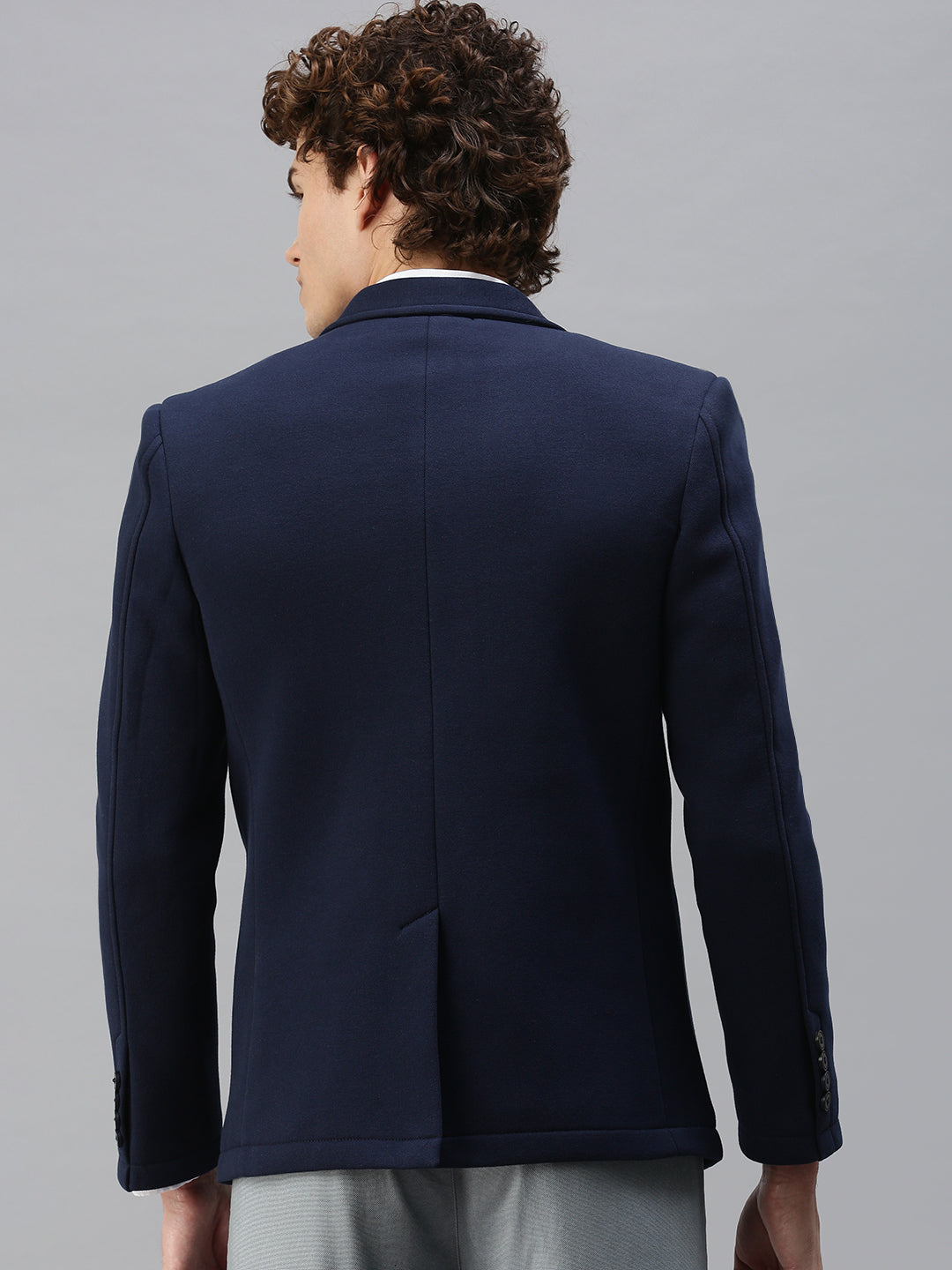 Men's Navy Blue Solid Single-Breasted Slim-Fit Blazer