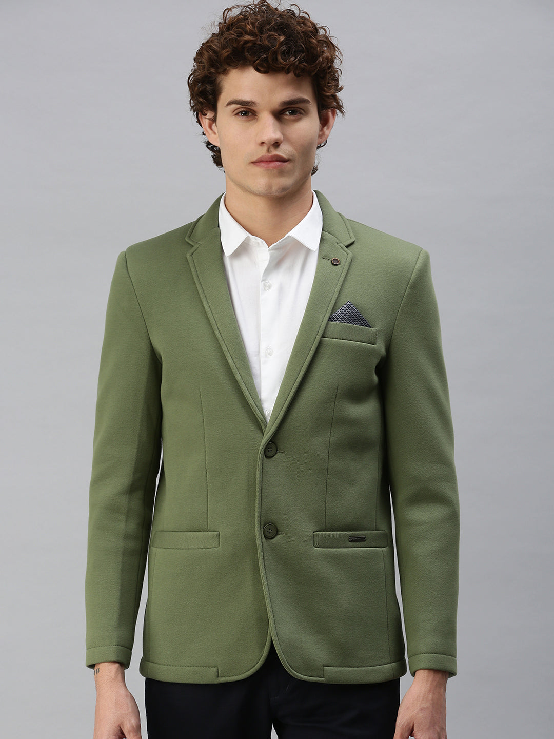 Men's Green Solid Single-Breasted Slim-Fit Blazer