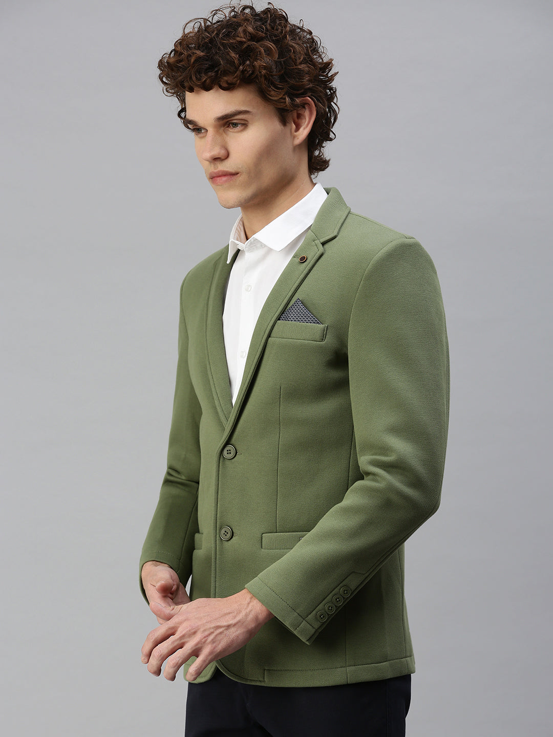 Men's Green Solid Single-Breasted Slim-Fit Blazer