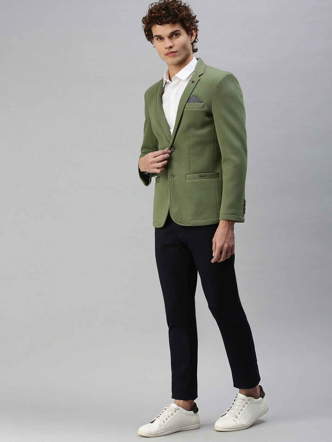 Men's Green Solid Single-Breasted Slim-Fit Blazer