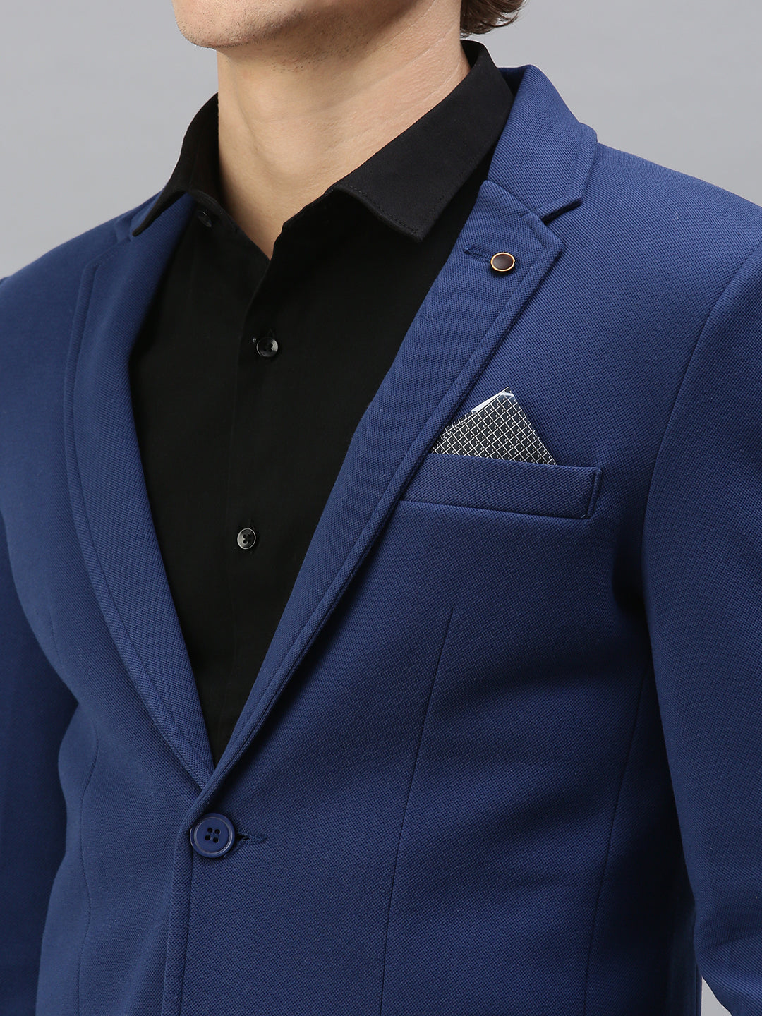 Men's Blue Solid Single-Breasted Slim-Fit Blazer