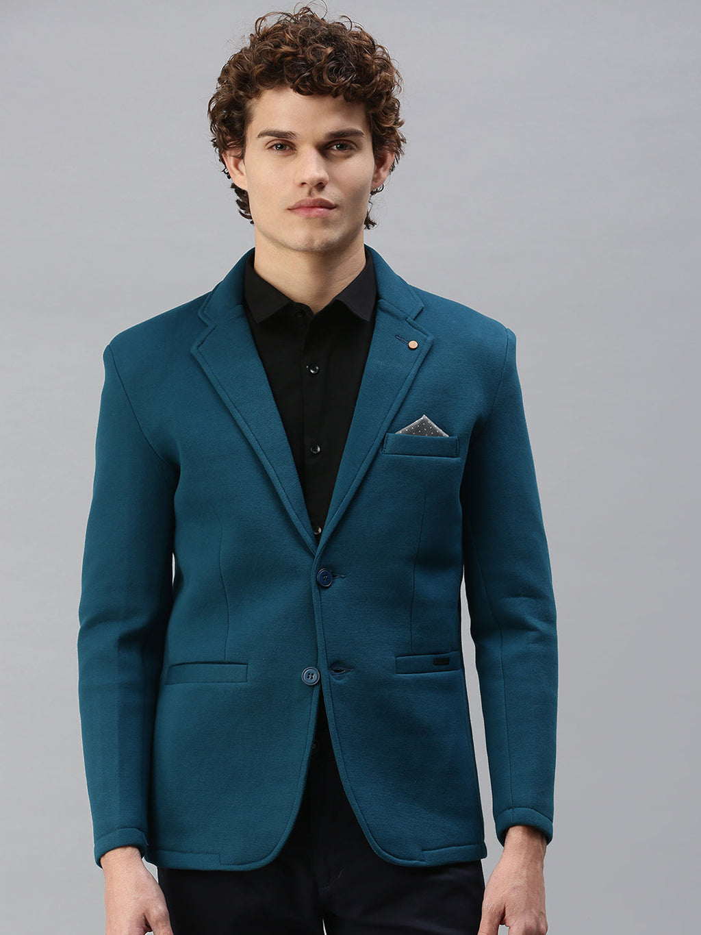 Men's Turquoise Blue Solid Single-Breasted Slim-Fit Blazer