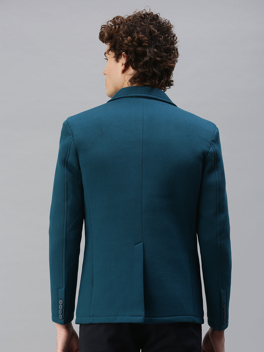 Men's Turquoise Blue Solid Single-Breasted Slim-Fit Blazer