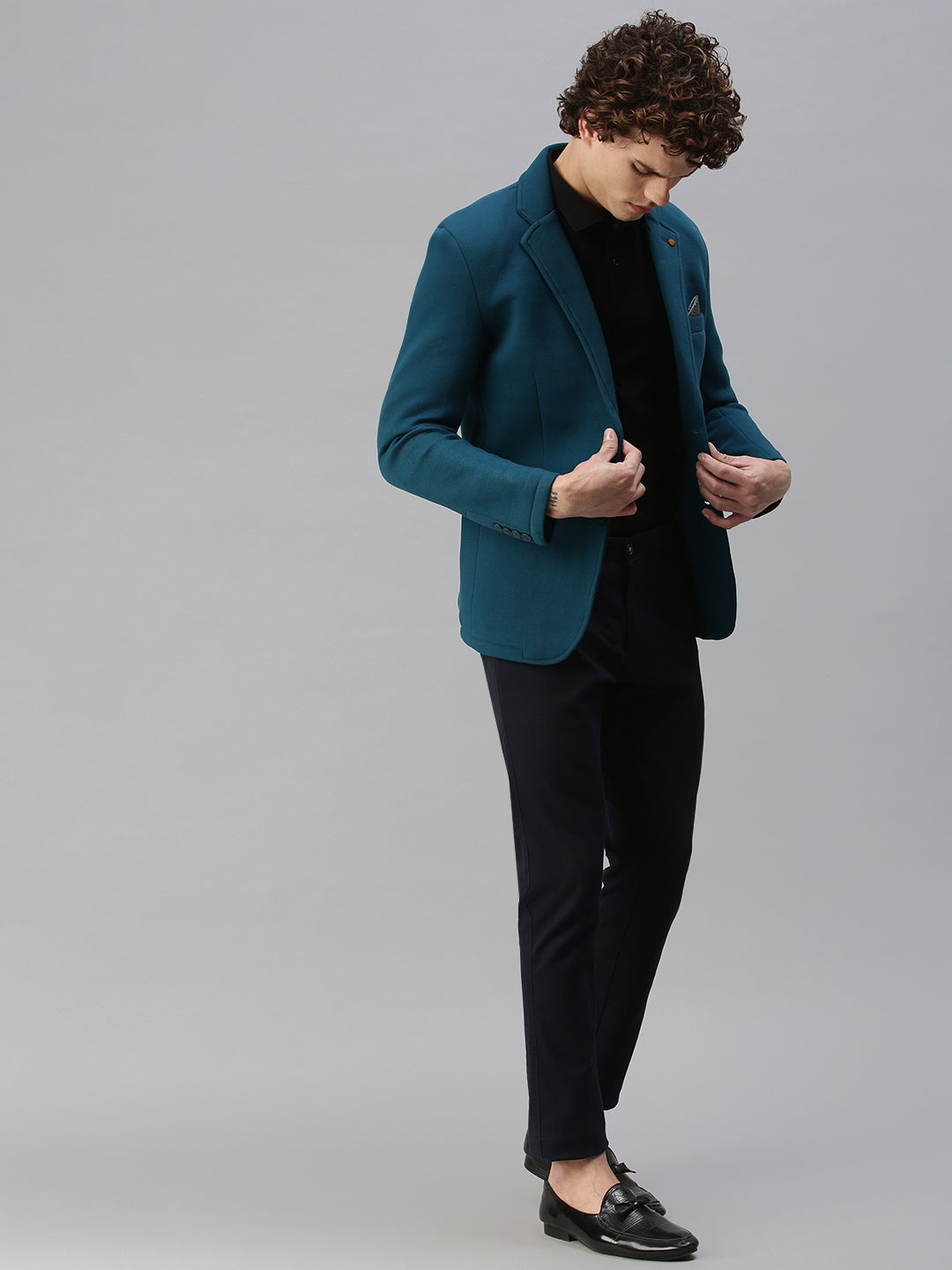 Men's Turquoise Blue Solid Single-Breasted Slim-Fit Blazer