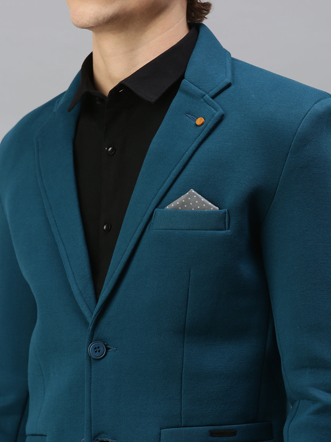 Men's Turquoise Blue Solid Single-Breasted Slim-Fit Blazer