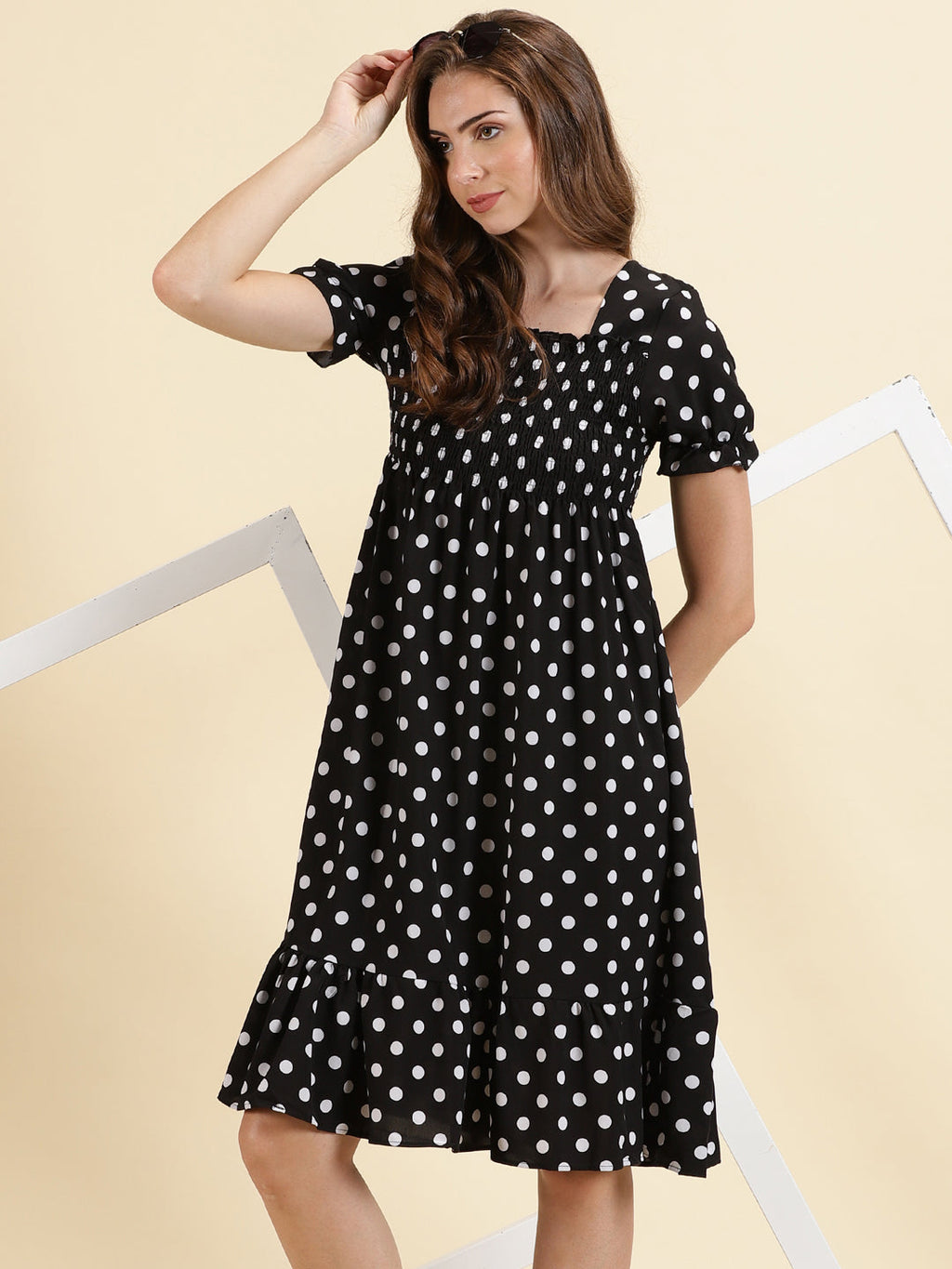 Women's Black Polka Dot Print Crepe Empire Midi Dress