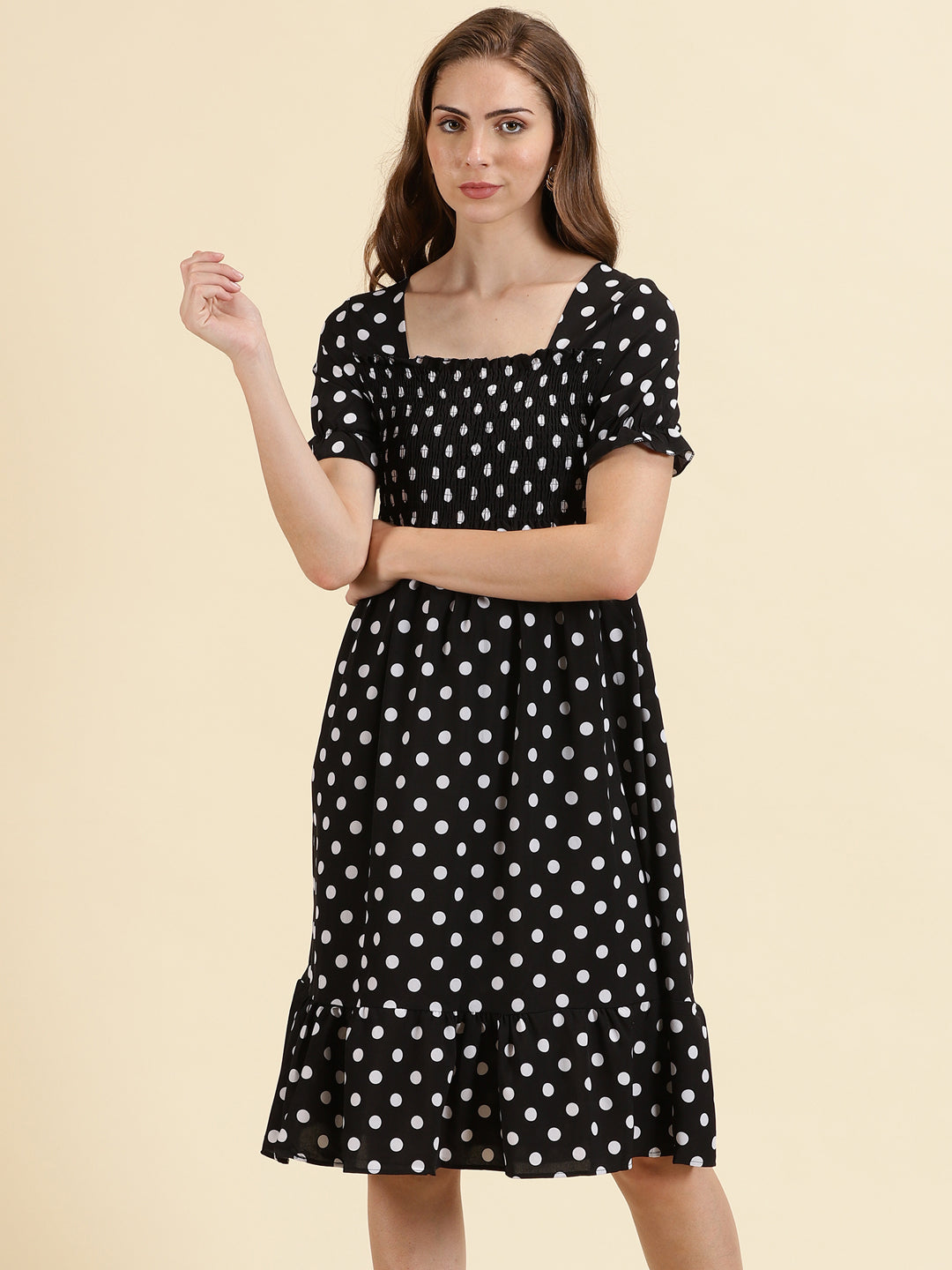 Women's Black Polka Dot Print Crepe Empire Midi Dress