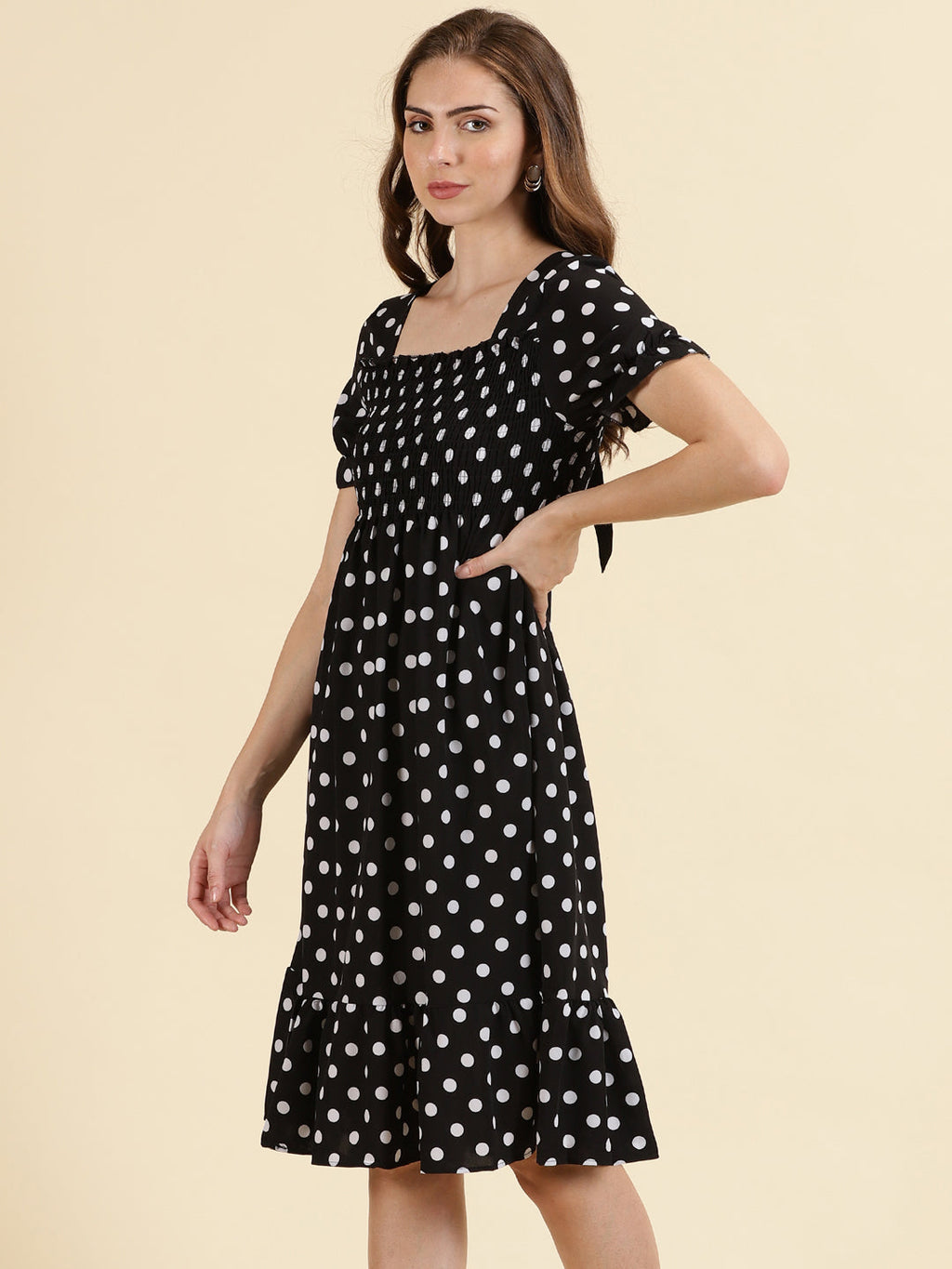 Women's Black Polka Dot Print Crepe Empire Midi Dress