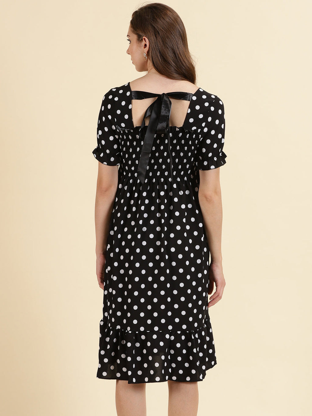 Women's Black Polka Dot Print Crepe Empire Midi Dress