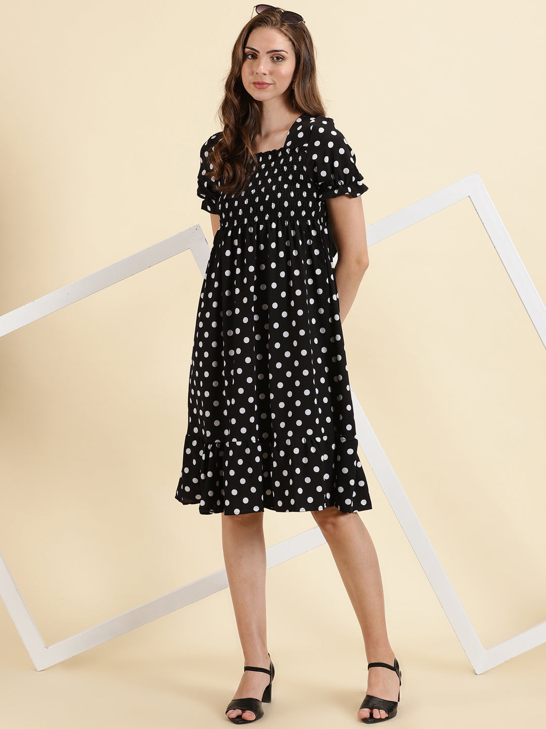 Women's Black Polka Dot Print Crepe Empire Midi Dress