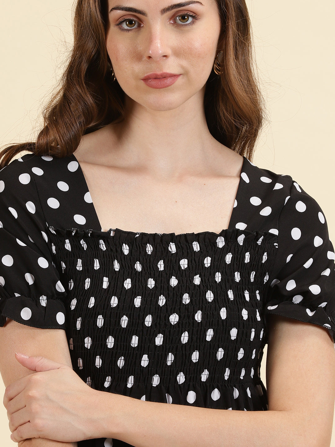Women's Black Polka Dot Print Crepe Empire Midi Dress