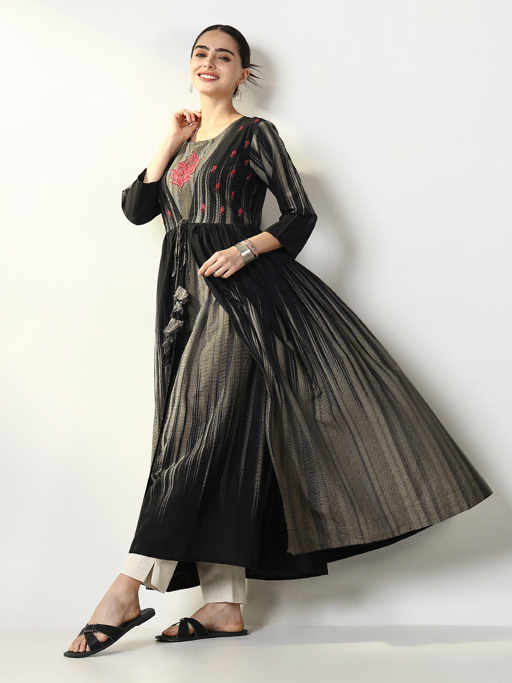 Women's Black Abstract A Line Kurta with Overcoat