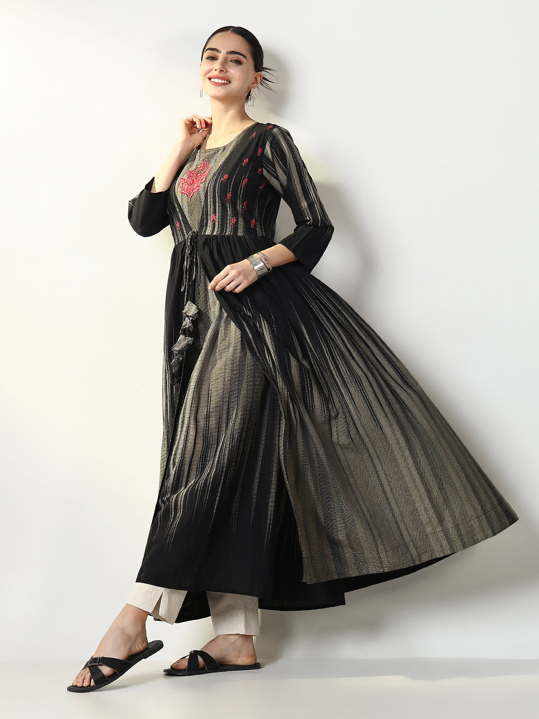 Women's Black Abstract A Line Kurta with Overcoat